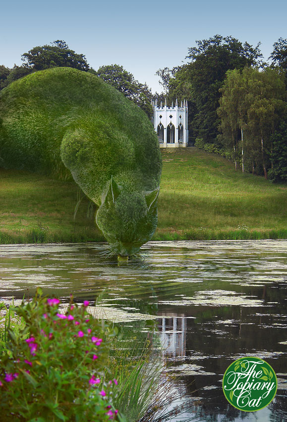 Topiary cat drinking at lake